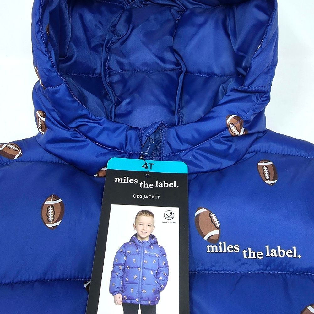 Miles The Label Boys Hooded Puffer Jacket Football Print Blue Size 4T - Picture 13 of 14